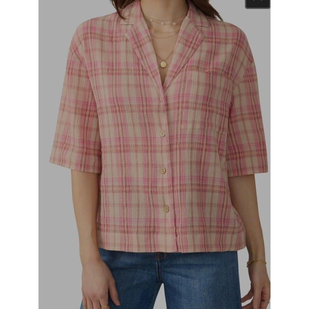 Canyon Haze Plaid Organic Cotton Gauze Camp Shirt Faherty Size Large Vacation